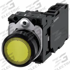 SIEMENS Illuminated Push Button: Illuminated, Flush Profile, Non-Metallic, 22 mm, 1NO/1NC (MPN 3SU1103-0AB30-1FA0). Key specifications — Brand: SIEMENS; Action: Momentary; Series: 3SU; Push Button Material Type: Non-Metallic.