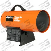 DAYTON Portable Gas Torpedo Heater: 40,000 BtuH Heating Capacity Output, 940 sq ft Heating Area (MPN 3VE55). Key specifications — Brand: DAYTON; Key Features: Flame-Out Sensor; Overall Dimensions - H x W x D: 13-1/2 in x 19-5/16 in x 8-1/8 in.