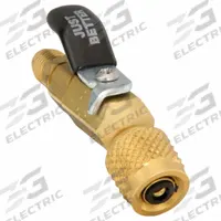 JB INDUSTRIES Mini Ball Valve: 2 in Lg, 45° Angle, Input 1/4 in Female SAE Right-Hand (MPN MBV4-03). Key specifications — Product Type: Mini Ball Valve; Brand: JB INDUSTRIES; Manufacturer Part Number: MBV4-03; Material: Brass.