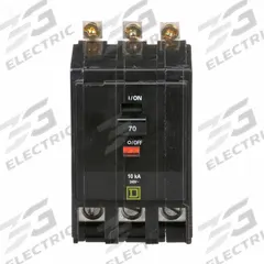 SQUARE D Miniature Circuit Breaker: 70 A, 120/240V AC, Three Phase, 10kA at 120/240V AC, 3 Poles (MPN QOB370). Key specifications — Phase: Three; Amps: 70 A; AC Voltage Rating: 120/240V AC; Max. AIR Rating: 10kA at 120/240V AC; For Use With: Square D NQOD Panelboards; Brand: SQUARE D.