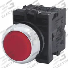 EATON Illuminated Push Button: Illuminated, Flush Profile, Metallic, 22 mm, 1NO/1NC (MPN M22M-DL-R-K11-230R). Key specifications — Brand: EATON; Action: Momentary; Series: M22; Push Button Material Type: Metallic.