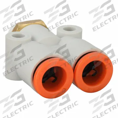 SMC Push-Fit Wye Fitting: 5/16 in OD x 5/16 in OD x 1/8 in Pipe x 5/16 in Pipe Size - Polybutylene & Brass Tube Fittings