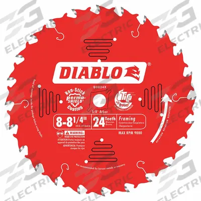 DIABLO Circular Saw Blade: 8 1/4 in Blade Dia., 24 Teeth, 0.09 in Cut Wd, 5/8 in Arbor Size - Wood-Cutting Blades