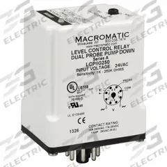 MACROMATIC Liquid Level Relay: Socket Mounted, Dual Probe, 10 A Current Rating, 24V AC, Pump Down (MPN LCP8G250-G). Key specifications — Contact Rating (AC): 10 A @ 240V AC; Contact Rating (DC): 7 A @ 28V DC; Electrical Connection: 8-Pin Terminal; Mounting Style: Socket; Number of Probes: Dual Probe; Relay Function: Pump Down; Brand: MACROMATIC.