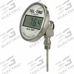 TEL-TRU Digital Thermometer: 4 in Stem Lg, -75°F to 750°F, ±0.5°F/0.3°C, 1/2 in Thread Size, NPT (MPN ND5AB09111-P22046). Key specifications — Thread Type: NPT; Brand: TEL-TRU; Accuracy: ±0.5 °F/0.3 °C.