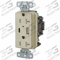 USB Receptacle: Duplex, 5-20R, 2 USB Ports, USB Type A/C, Ivory, 125V AC, 20 A (MPN USB20ACPDI). Key specifications — Brand: HUBBELL.