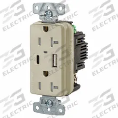 USB Receptacle: Duplex, 5-20R, 2 USB Ports, USB Type A/C, Ivory, 125V AC, 20 A (MPN USB20ACPDI). Key specifications — Brand: HUBBELL.