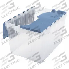 AKRO-MILS Attached Lid Tote: 12 gal, 21 1/2 in x 15 1/4 in x 12 1/2 in, Clear Body, Blue Lid (MPN 66486CLDBL). Key specifications — Material: Plastic; Brand: AKRO-MILS.