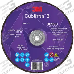 3M CUBITRON 3 Cut-Off and Grinding Wheel: Type 27, 9" x 1/8" x 5/8"-11, Ceramic, 36 Grit (MPN 88993). Key specifications — Brand: 3M CUBITRON 3.