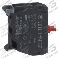 SCHNEIDER Contact Block: 22 mm Panel Mounting Size, 1NC, Momentary, XA Series, Screw Clamp Terminals (MPN ZENL1121). Key specifications — Switch Action: Momentary; Terminal Connection Type: Screw Clamp Terminals; Brand: SCHNEIDER; Compatible with Series: XA.