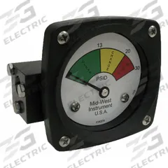 MIDWEST INSTRUMENT 3-Color Differential Pressure Indicator: 1,000 psig Max. Static Pressure, 522 (MPN 522A-030). Key specifications — Brand: MIDWEST INSTRUMENT; Accuracy: ±5% of Full Scale; Sensor Material: Buna-N; Housing Material: Aluminum; Transition Points: 0 psid to 13 psid (Green) / 13 psid to 20 psid (Yellow) / 20 psid to 30 psid (Red).