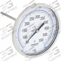 ASHCROFT Dial Thermometer: 50°F to 550°F /10°C to 290°C, ±1% Accuracy, 6 in Stem Lg, 5 in Dial Dia (MPN 50EI60R060XCS50/550F). Key specifications — Accuracy: ±1 %; Brand: ASHCROFT.