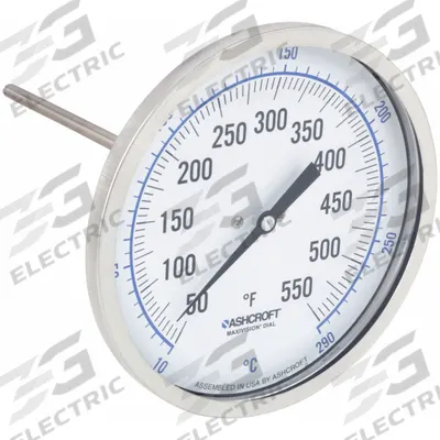 ASHCROFT Dial Thermometer: 50°F to 550°F /10°C to 290°C, ±1% Accuracy, 6 in Stem Lg - Back-Mount Fixed-Angle Thread-Mount Dial Thermometers
