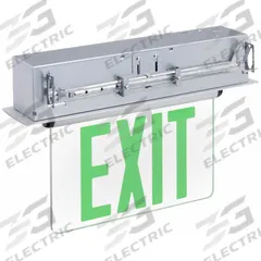 Exit Sign: 1 Faces, Green, Aluminum, Universal Field Selectable Chevrons, LED, Silver (MPN 53RH95). Key specifications — Housing Color: Silver; Brand: APPROVED VENDOR; Lighting Technology: LED; Self Diagnostics: No; Housing Material: Aluminum; Text Color: Green.