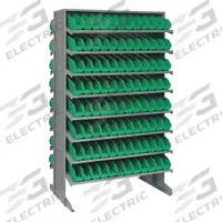 QUANTUM STORAGE SYSTEMS Pick Rack: 36 in x 24 in x 60 in, 2 Usable Sides, 16 Shelves, 192 Bins (MPN QPRD-100GN). Key specifications — Bin HxWxD: (192) 4 in x 2-3/4 in x 11-5/8 in; Frame Material: Steel; Frame Color: Gray; Bin Color: Green; Brand: QUANTUM STORAGE SYSTEMS.