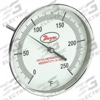DWYER Glow-in-the-Dark Dial Thermometer: 0°F to 250°F, +/- 1% Accuracy, 5 in Dial Dia, Male (MPN GBTB56051). Key specifications — Accuracy: +/- 1%; Brand: DWYER.