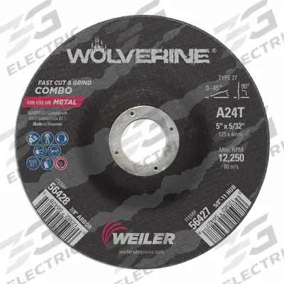 WEILER Abrasive Grinding Wheel: Type 27, 5" x 1/8" x 7/8", Aluminum Oxide, 24 Grit - General Purpose Combination Wheels for Carbon & Stainless Steel
