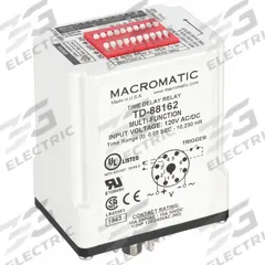MACROMATIC Multi-Function Time Delay Relay: Socket Mounted, 120V AC, 10 A, 8 Pins/Terminals (MPN TD-88162). Key specifications — Delay Function: Multi Function; Mounting Style: Plug-In; Input Voltage: 120V AC/DC; Brand: MACROMATIC.