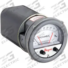 DWYER Differential Pressure Gauge & Switch: Single-Side, 1/8 in NPT Female, ±2% Gauge Accuracy (MPN A3002). Key specifications — Sensor Type: Diaphragm; Series: A3000 Photohelic; Housing Material: Die Cast Aluminum; Certificate of Calibration: Not Included; Gauge Accuracy: ±2%.