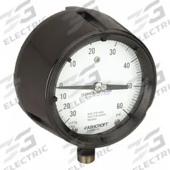 ASHCROFT Process Compound Gauge: 0 psi to 60 psi, White, 4 1/2 in Dial, 1/2 in NPT Male, Bottom (MPN 451279SS04LXLLVAC/60). Key specifications — Brand: ASHCROFT; Pointer Color: Black; Accuracy: ±0.5%; Dial Color: White; Gauge Wetted Parts: Stainless Steel; Case Material: Phenolic; Vibration Resistance Properties: Dry Case Vibration-Dampened; Pressure Range: 0 psi to 60 psi.
