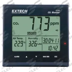 EXTECH Air Quality Data Logger: 0.1%to 90% Relative Humidity Measured, 14°F to 140°F, -5°C to 50°C (MPN CO100). Key specifications — Parameters Measured: Temperature °C; Brand: EXTECH; Features: Adjustable Alarm; Includes: AC Adapter; Software Options: No Software Required; Data Logger Type: Temperature.