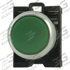 EATON Flush Push Button: Green, 22 mm Mounting Size, Metallic, Maintained (MPN M22M-DR-G). Key specifications — Brand: EATON; Action: Maintained; Series: M22; Push Button Material Type: Metallic.