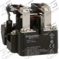 SCHNEIDER Open Power Relay: Surface Mounted, 40 A Current Rating, 120V AC, DPDT, 8 Pins/Terminals (MPN 199AX-14). Key specifications — Brand: SCHNEIDER; Base Type: Octal; Mounting Style: Surface; Electrical Connection: Screw Terminal; Manufacturer Part Number: 199AX-14; Operating Current: 40 A at 300V AC (Resistive Load); Series: 199 Power Series.