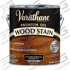 VARATHANE Wood Stain: Wood Stain, Interior, Oil, 1 gal Container Size, Wood, Flat, Clear, Premium (MPN 212061). Key specifications — Brand: VARATHANE; Transparency: Clear; Use Location: Interior; Sheen: Flat; Sub-Brand: Premium; Color: Traditional Cherry.