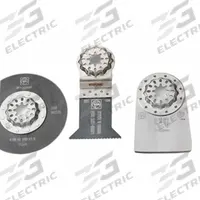 FEIN Oscillating Tool Blade Set: 3 Blades, Semi-Circular/Straight, Starlock Connection, Metal/Wood (MPN 35222967290). Key specifications — attr1140173: (1) tungsten carbide segment saw blade Dia. 3-3/8 in; attr1097629: FEIN; attr1097591: DEWALT (adapter required).