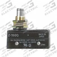 OMRON Snap Action Switch: Plunger Actuator, 1NO/1NC, Solder (MPN Z-15GQ). Key specifications — AC Contact Rating: 15 A @ 250 V; Electrical Connection: Solder; Series: Z; Brand: OMRON.