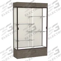 GHENT Freestanding Display Case: Walnut Vinyl, 80 in Overall Ht, 48 in Overall Wd, 16 in Overall Dp (MPN 2174PB-BZ-WV). Key specifications — Back Material: Plaque Fabric; Material: Aluminum.