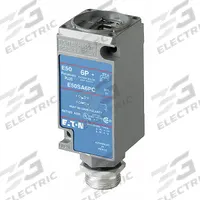 EATON Limit Switch Body: EN50041 Body, 2 Mounting Holes, 1NO/1NC, Metallic (MPN E50SA6PC). Key specifications — attr1019579: 8 ft Cable with Pre-Terminated 5-Pin Mini Connector; attr1018601: E50; attr211338: EATON; attr1027434: No Indicating Light Included; attr1038844: Metallic.
