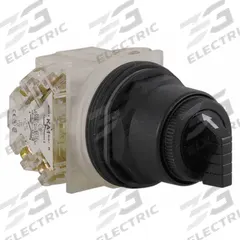 SCHNEIDER Selector Switch: 30 mm Panel Mounting Size, 3 Positions, Short Lever, DPDT, Non-Metallic (MPN 9001SKS43BH2). Key specifications — AC Contact Rating: 3 A @ 240 V; Action: Maintained/Maintained/Maintained; Cam: C; DC Contact Rating: 0.27 A @ 250 V; Hazardous Location Specification: Not Rated; Operator Head Material: Polycarbonate; Operator Head Type: Short-Handled Knob; Operator Illumination: Non-Illuminated.