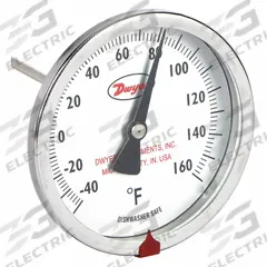 DWYER Sanitary Dial Thermometer: -40°F to 160°F, +/- 1% Accuracy, 3 in Dial Dia, 4.5 in Stem Lg (MPN BT15S34541). Key specifications — Accuracy: +/- 1%; Brand: DWYER.