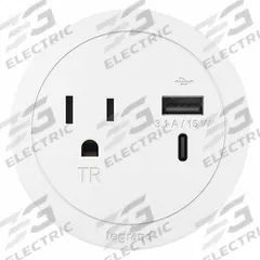 LEGRAND Furniture Power Outlet: 1 Outlets, 10 ft Cord Lg, White, 5-15R, 3 in Wd, Recessed Mounting (MPN RFPCRUAUC-WH10). Key specifications — Shape: Round; Brand: LEGRAND; USB Connectors Included: Type C; Mounting Style: Recessed.
