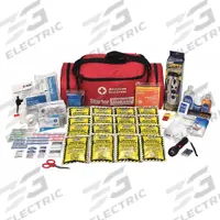 AMERICAN RED CROSS First Aid Kit: 68 Components, Duffel Bag, 1 People Served (MPN 91050). Key specifications — Rations Included: (16) 4 oz Emergency Water Packets; First Aid Supplies Included: Fingertip Fabric Bandages; Housing Material: Nylon; Container Type: Duffel Bag; Hygiene Supplies Included: 118 mL Travel Hand Lotion; PPE and Shelter Supplies Included: (5) Dust Face Mask; Power and Lighting Supplies Included: 5 in Flashlight with Batteries; Tools Included: Scissors.
