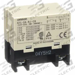 OMRON Enclosed Power Relay: Bracket Mounted, 30 A Current Rating, 200/240V AC, DPST-NO (MPN G7L-2A-BJ-CB-AC200/240). Key specifications — Brand: OMRON; Base Type: Square; Mounting Style: E-Bracket; Electrical Connection: Screw Terminal; Manufacturer Part Number: G7L-2A-BJ-CB-AC200/240; Operating Current: 25 A at 220V AC (Resistive Load/Inductive Load); Series: G7L Series; Relay Bracket Type: E-Bracket (Sold Separately).