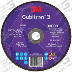 3M CUBITRON 3 Depressed Center Grinding Wheel: Type 27, 7" x 1/4" x 7/8", Ceramic, 36 Grit (MPN 90008). Key specifications — Brand: 3M CUBITRON 3.