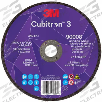 3M CUBITRON 3 Depressed Center Grinding Wheel: Type 27, 7" x 1/4" x 7/8" - Cool-Cutting Grinding Wheels for Carbon & Stainless Steel