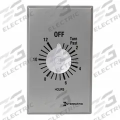 INTERMATIC Spring-Wound Timer: 12 hr Max, DPST, 277V AC, Wall Plate Included, Silver (MPN FF412H). Key specifications — Brand: INTERMATIC; Includes Hold: No Hold Included.