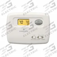 EMERSON Low Voltage Thermostat: Heat or Cool, Manual, C/E/G/L/O/B/R/W2/Terminal Designations, 20V AC (MPN 1F79-111). Key specifications — Application: Heat or Cool; Key Features: Selectable Celsius or Fahrenheit Temperature Display; Temperature Differential: 0.8° to 1.5°F; Voltage: 20V AC; Terminal Designations: Y; System Settings: Cool-Emergency Heat-Heat-Off; Temperature Control Range: 45° to 99°F; Changeover Type: Manual.