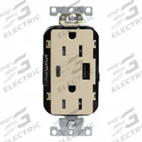 USB Receptacle: Decorator Duplex, 5-15R, USB Type A/C, Ivory, 125V AC, 15 A (MPN M56AC-I). Key specifications — Brand: LEVITON.