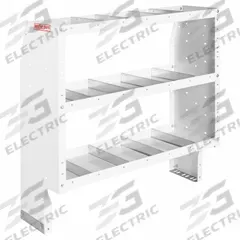 WEATHER GUARD Van Shelving: Steel, Tapered, 3 Shelves, 16 in Overall Dp, 44 in Overall Ht, Universal (MPN 9344-3-03). Key specifications — Color: White; Brand: WEATHER GUARD; End Panel Design: Tapered; Compatible Roof Type: High Roof; Includes: Mounting Hardware.
