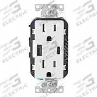 USB Receptacle: Duplex, 5-15R, USB Type A/C, White, 125V AC, 15 A (MPN T5633-W). Key specifications — Brand: LEVITON.
