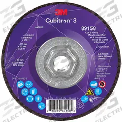3M CUBITRON 3 Cut-Off and Grinding Wheel: Type 27, 4 1/2" x 1/8" x 5/8"-11, Ceramic, 36 Grit (MPN 89158). Key specifications — Brand: 3M CUBITRON 3.