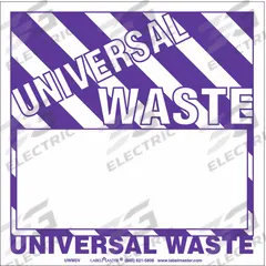 LABELMASTER Universal Waste Labels: Universal Waste Label, 6 in x 6 in, 6 in Label Wd, Label, 100 PK (MPN UWM5V). Key specifications — Message: Universal Waste Label; Material: Adhesive Back; Brand: LABELMASTER.