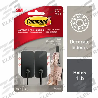 COMMAND Hook: 1 lb Wt Capacity, 1 Points per Hook, Black, 2 19/32 in Overall Ht - Indoor Decorative & Utility Adhesive-Backed Hooks