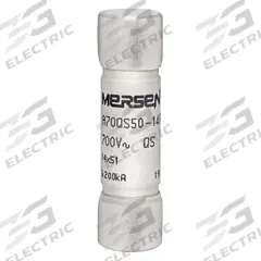 Semiconductor Fuse: A70QS Series, Fast-Acting, 50 A, 690 V AC, 700 V DC DC Volt Rating (MPN A70QS50-14F). Key specifications — Series: A70QS; Brand: MERSEN; Voltage Type: AC/DC.