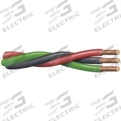 SOUTHWIRE Twisted Submersible Pump Cable: 600 V, 3 Conductors, 500 ft Lg, 12 AWG, Black/Red/Yellow (MPN 55173602). Key specifications — Manufacturer Part Number: 55173602; Grounding Conductor Insulation Color: Green; Grounding Conductor Material: Copper; Grounding Conductor Size: 12 AWG; Standards: UL Listed; Product Type: Twisted Submersible Pump Cable; Brand: SOUTHWIRE.