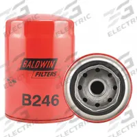 BALDWIN FILTERS Oil Filter: B246, 3/4"-16 Thread Size, 5 5/16 in Overall Ht, 3 3/4 in Outside Dia. Key specifications — Baldwin Interchange: B246; Brand: BALDWIN FILTERS; Compatible Vehicle Make: Nissan; Includes: G381-A Integral Gasket; Media Material: Cellulose.